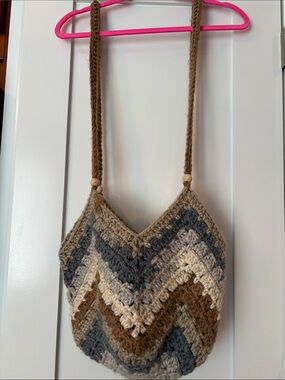 Handmade Crochet Chevron Shoulder Bag - Brown & Gray, never used